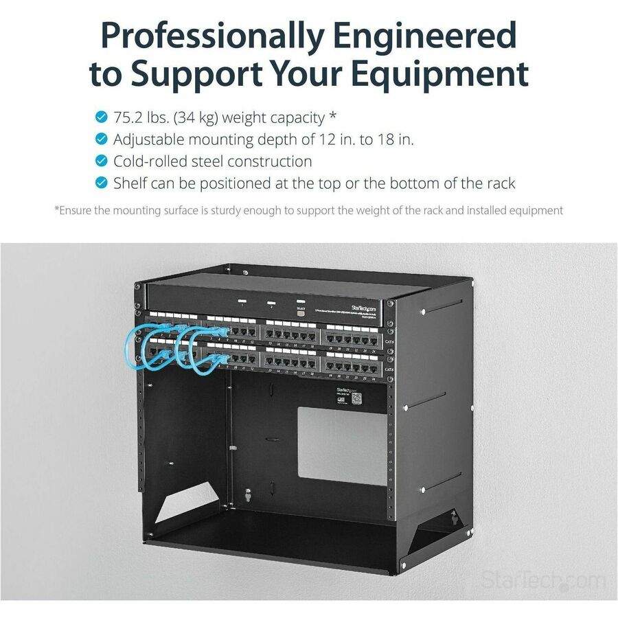 StarTech.com 2-Post 8U Open Frame Wall Mount Network Rack with Built-in Shelf and Adjustable Depth, Computer Rack for IT Equipment, TAA~