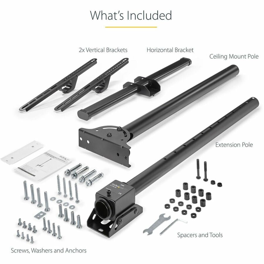 StarTech.com full-motion ceiling TV mount for 32"-75" TVs, height adjustable 8.2'-9.8', tilts -25°, swivels 360°, supports 110lb/50kg.