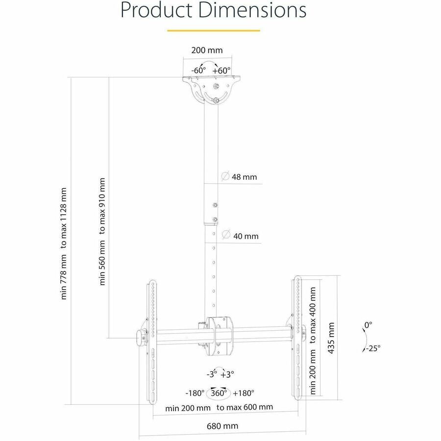 StarTech.com TV Ceiling Mount, Full-Motion Hanging Single Screen Vesa Mount for 32"-75" TVs / Displays - Height Adjustable Telescopic Pole