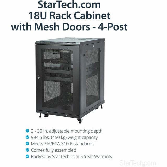 StarTech.com 4-Post 18U Server Rack Cabinet, 19" Data Rack Cabinet for Computer / IT Equipment, Home Network Rack, Half Height Server Rack