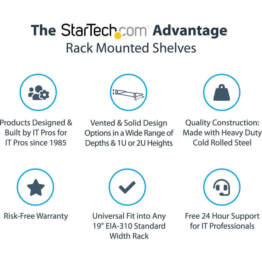 Étagère pour rack serveur 1U StarTech.com - Plateau de montage en rack cantilever fixe de 25,4 cm de profondeur pour boîtier de données/audiovisuel/réseau de 48,3 cm (19 pouces) avec écrous cage et vis