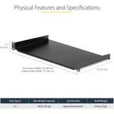 Étagère pour rack serveur 1U StarTech.com - Plateau de montage en rack cantilever fixe de 25,4 cm de profondeur pour boîtier de données/audiovisuel/réseau de 48,3 cm (19 pouces) avec écrous cage et vis