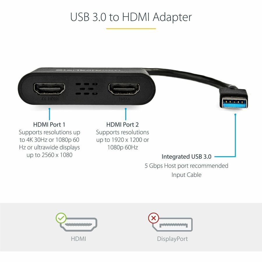 StarTech.com USB 3.0 to Dual HDMI Adapter, 1x 4K & 1x 1080p, External Graphics Card, USB Type-A Dual Monitor Display Adapter, Windows Only