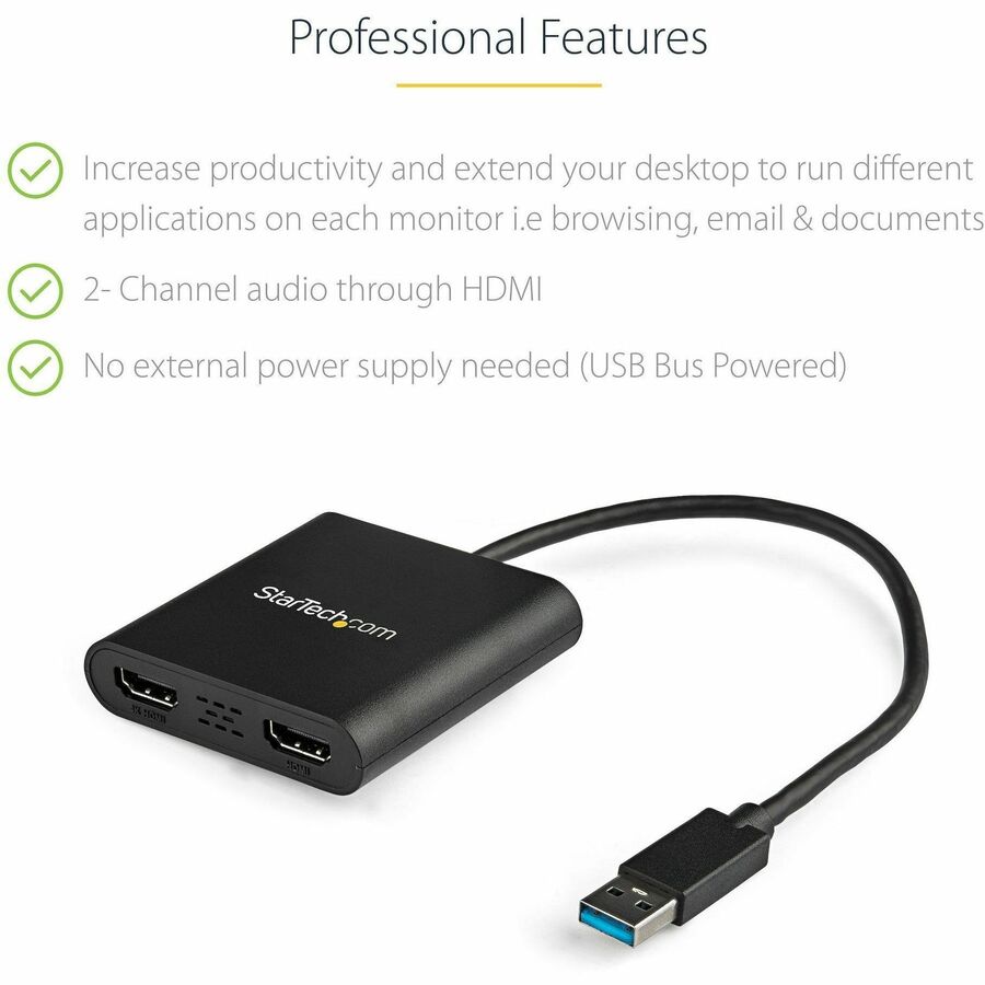 StarTech.com USB 3.0 to Dual HDMI Adapter, 1x 4K & 1x 1080p, External Graphics Card, USB Type-A Dual Monitor Display Adapter, Windows Only