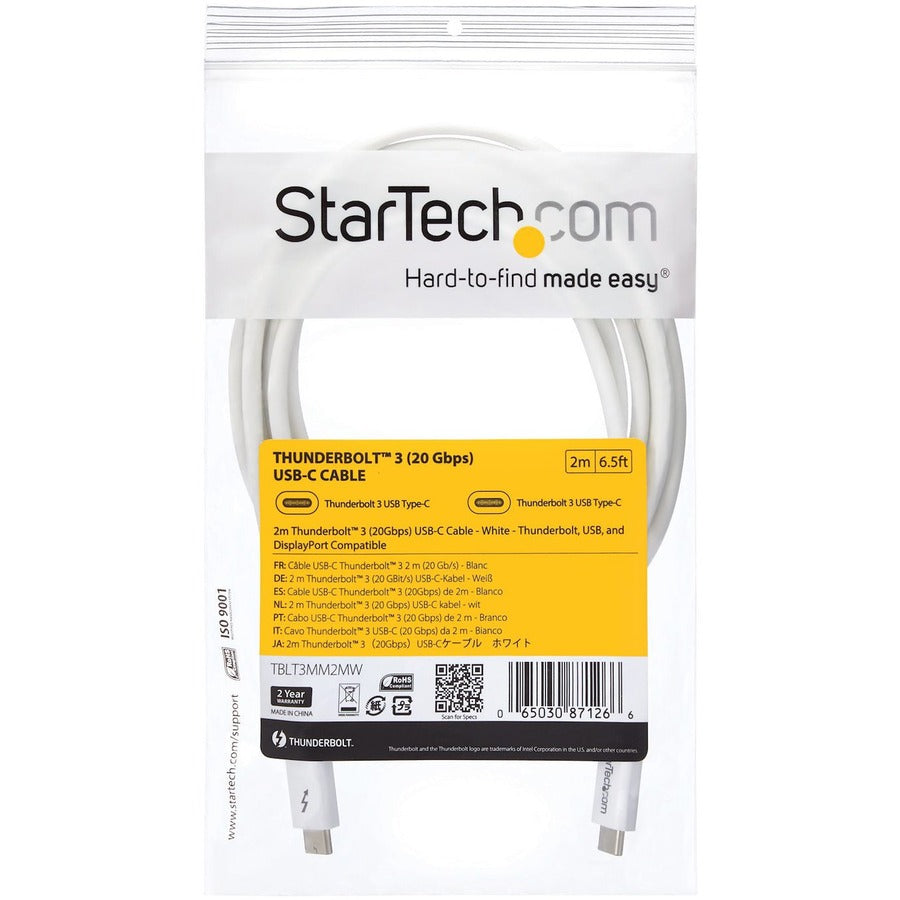 StarTech.com 6.6ft (2m) Thunderbolt 3 Cable, 20Gbps, 100W PD, 4K Video, Thunderbolt-Certified, Compatible w/ TB4/USB 3.2/DisplayPort
