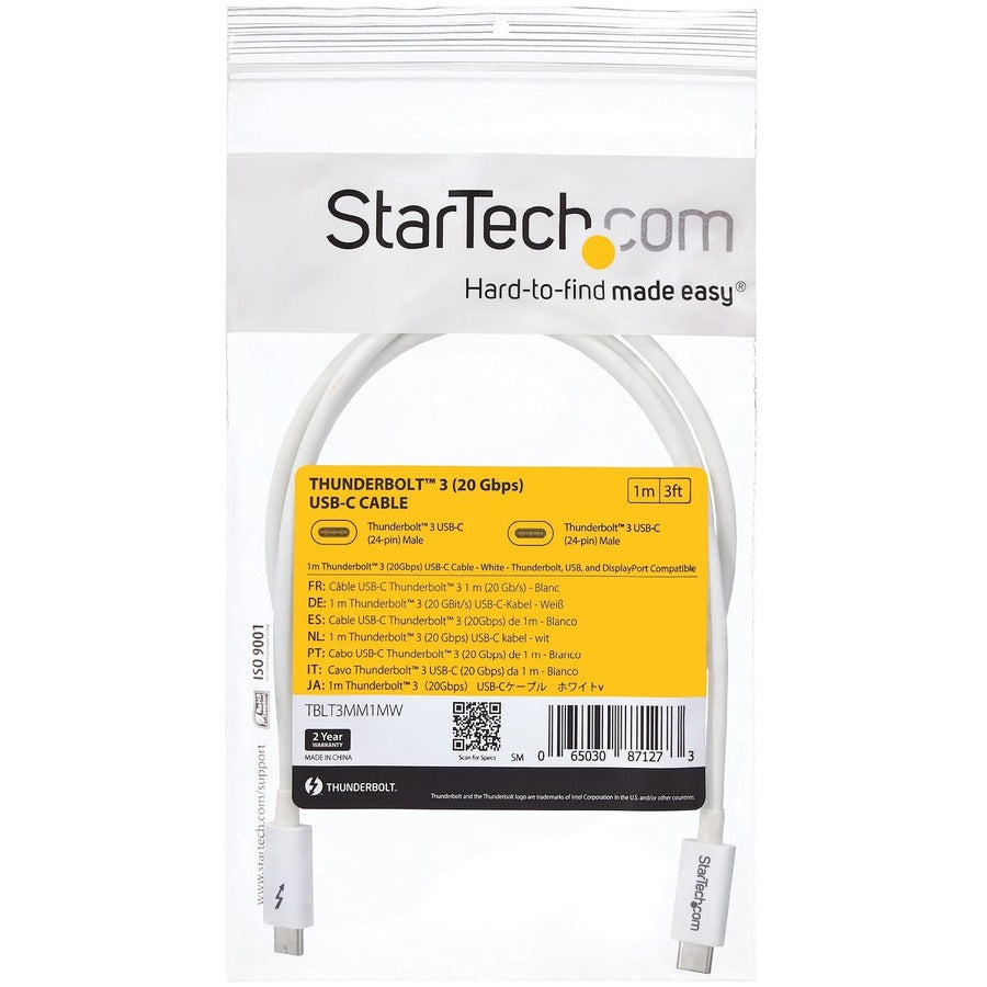 StarTech.com 3.3ft (1m) Thunderbolt 3 Cable, 20Gbps, 100W PD, 4K Video, Thunderbolt-Certified, Compatible w/ TB4/USB 3.2/DisplayPort