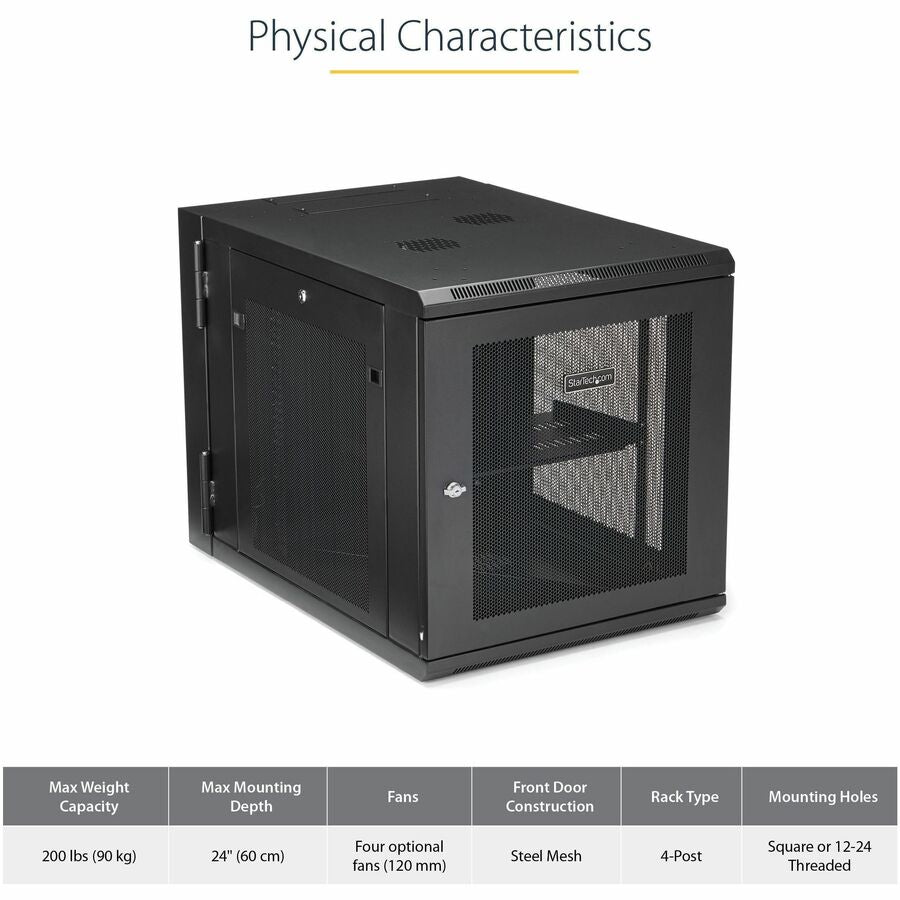 StarTech.com Armoire réseau murale 12U 48 cm (19 po) - 61 cm (24 po) de profondeur, à charnières et ventilée, rack d'équipement informatique flexible verrouillable avec étagère