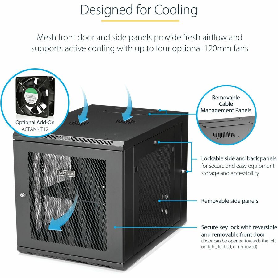 StarTech.com Armoire réseau murale 12U 48 cm (19 po) - 61 cm (24 po) de profondeur, à charnières et ventilée, rack d'équipement informatique flexible verrouillable avec étagère