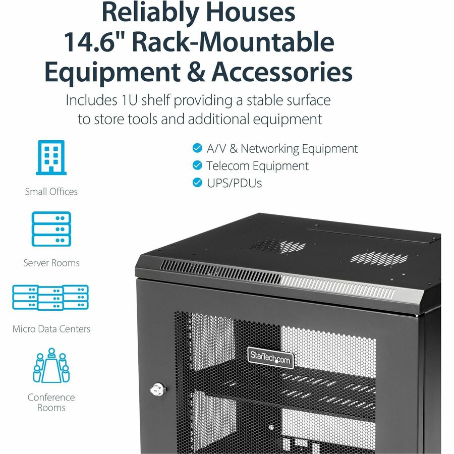StarTech.com 2-Post 9U Wall Mount Network Cabinet, 19" Wall-Mounted Server Rack for Data / IT Equipment, Small Lockable Rack Enclosure