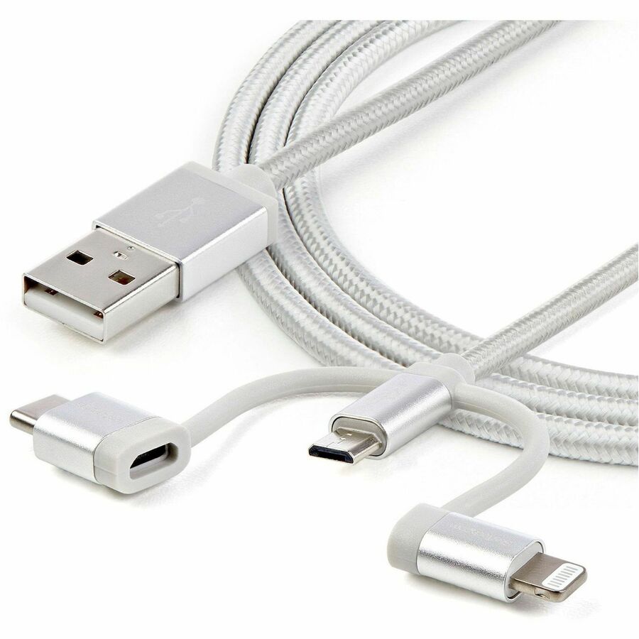 StarTech.com 1m USB Multi Charging Cable - Braided - Apple MFi Certified - USB 2.0 - Charge 1x device at a time - For USB-C or Lightning devices attach the corresponding connector of the cable to the Micro-USB connector and plug into your device - For Mic
