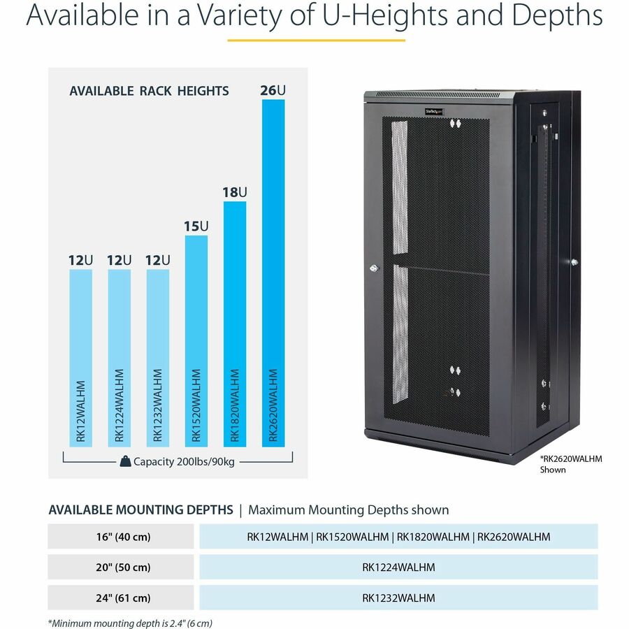 StarTech.com 26U 19" Wall Mount Network Cabinet - 16" Deep Hinged Locking Flexible IT Data Equipment Rack Vented Switch Enclosure w/Shelf