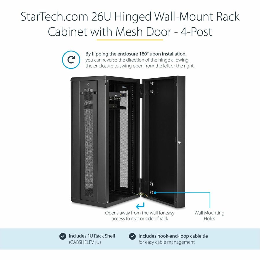 StarTech.com 26U 19" Wall Mount Network Cabinet - 16" Deep Hinged Locking Flexible IT Data Equipment Rack Vented Switch Enclosure w/Shelf