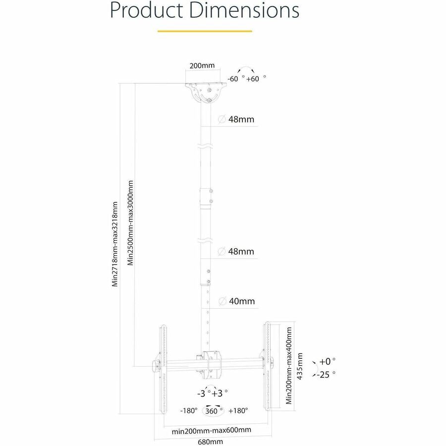 StarTech.com TV Ceiling Mount, Full-Motion Hanging Single Screen Vesa Mount