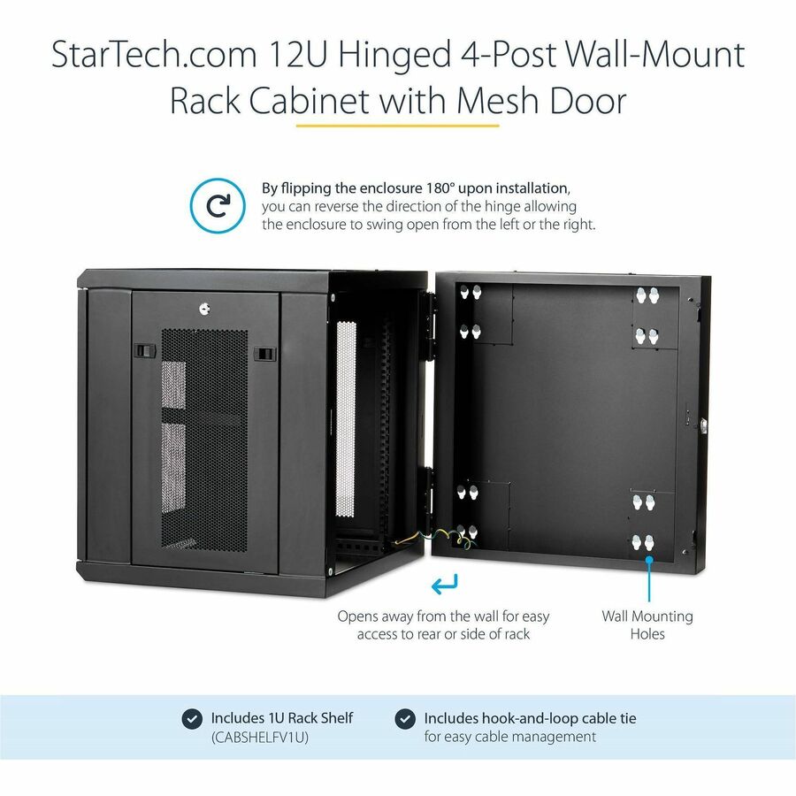 Armoire réseau murale StarTech.com 12U 48 cm (19 po) - Boîtier informatique verrouillable à charnières de 50 cm (20 po) de profondeur - Rack ventilé flexible avec étagère - Profondeur commutateur