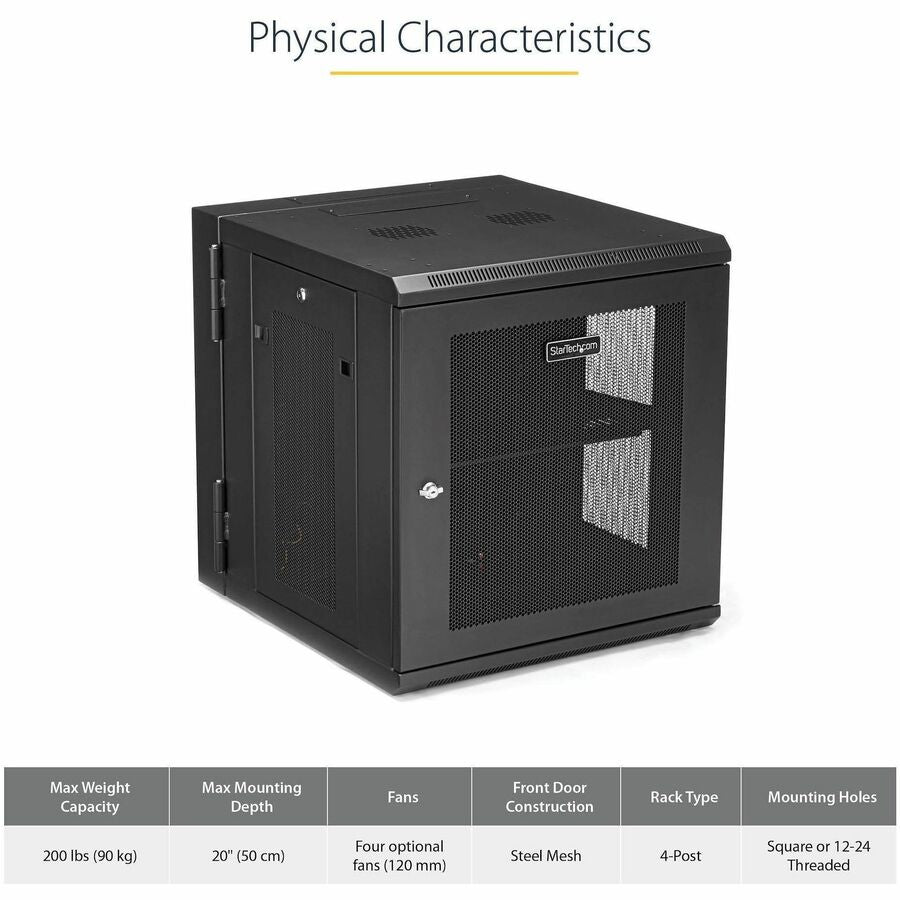 Armoire réseau murale StarTech.com 12U 48 cm (19 po) - Boîtier informatique verrouillable à charnières de 50 cm (20 po) de profondeur - Rack ventilé flexible avec étagère - Profondeur commutateur