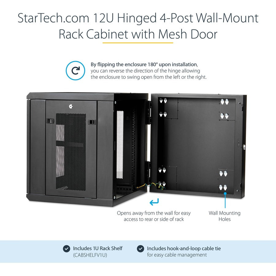 Armoire réseau murale StarTech.com 12U 48 cm (19 po) - Boîtier informatique verrouillable à charnières de 50 cm (20 po) de profondeur - Rack ventilé flexible avec étagère - Profondeur commutateur