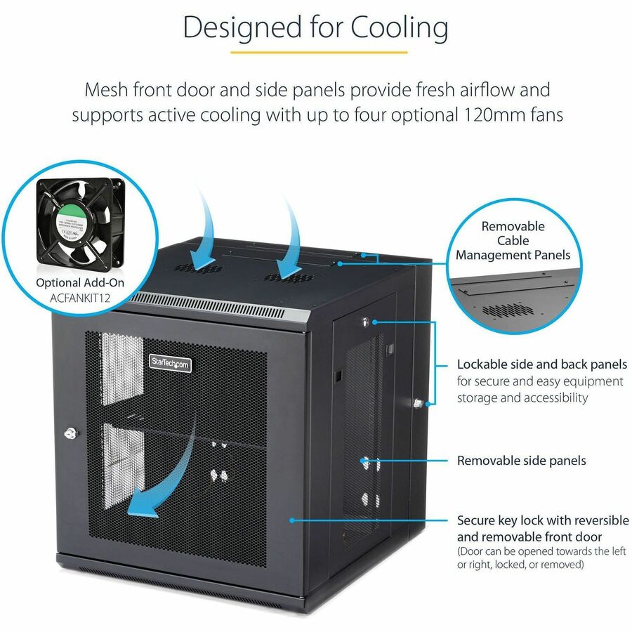 Armoire réseau murale StarTech.com 12U 48 cm (19 po) - Boîtier informatique verrouillable à charnières de 50 cm (20 po) de profondeur - Rack ventilé flexible avec étagère - Profondeur commutateur