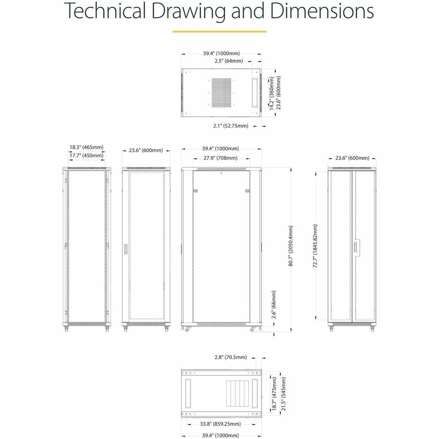 StarTech.com Baie serveur 42U à 4 montants, 48 cm (19 po) pour montage d'ordinateurs et d'équipements informatiques, avec roulettes