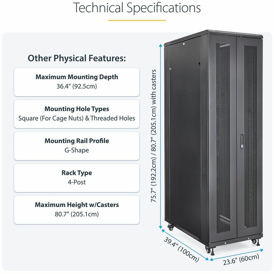 StarTech.com Baie serveur 42U à 4 montants, 48 cm (19 po) pour montage d'ordinateurs et d'équipements informatiques, avec roulettes