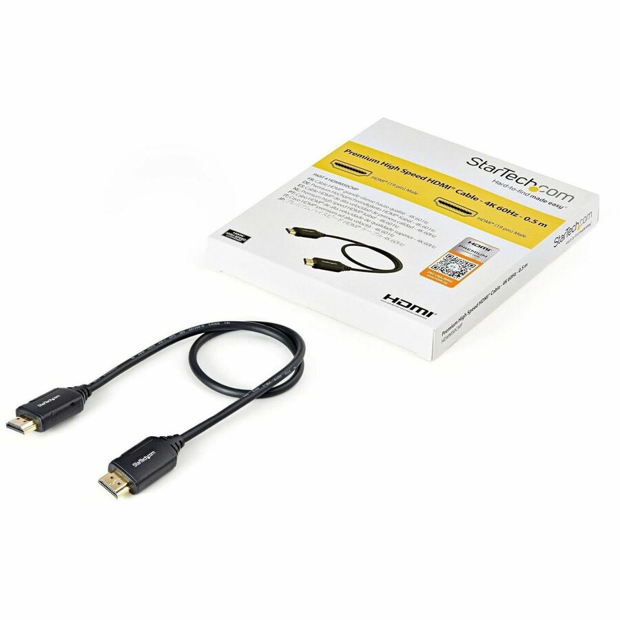 Câble HDMI 2.0 StarTech.com certifié Premium de 50 cm avec Ethernet, câble HDMI haute vitesse Ultra HD 4K 60 Hz, câble HDMI HDR10 UHD pour moniteur HDMI