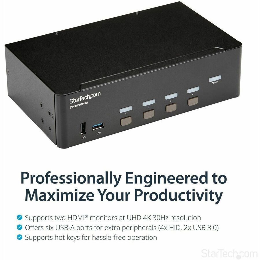 Commutateur KVM HDMI 4 ports StarTech.com - 4K 30 Hz - Double affichage