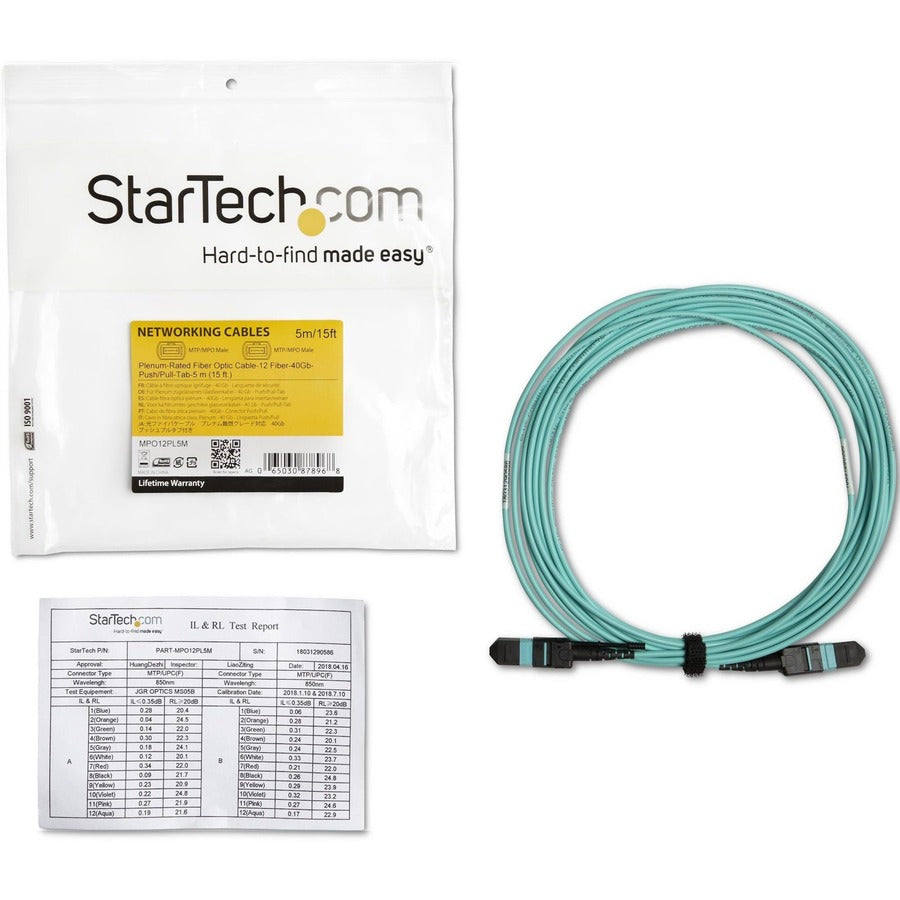StarTech.com 5m (16.4ft) MTP(F)/PC OM3 Multimode Fiber Optic Cable, OFNP Plenum, 50/125&micro;m, 40G, Low Insertion Loss, MPO Fiber Jumper Cord