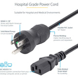StarTech.com 10ft (3m) Hospital Grade Power Cord, 18AWG, NEMA 5-15P to C13, 10A 125V, Green Dot Medical Power Cable, Monitor Power Cable