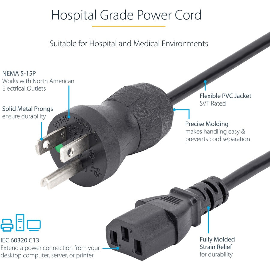 StarTech.com 3ft (1m) Hospital Grade Power Cord, 18AWG, NEMA 5-15P to C13, 10A 125V, Green Dot Medical Power Cable, Monitor Power Cable