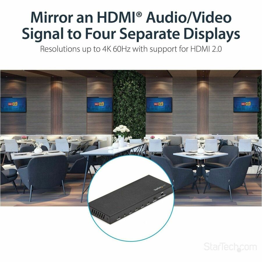 StarTech.com 4 Port HDMI Splitter - 4K 60Hz - 1x4 Way HDMI 2.0 Splitter - HDR - ST124HD203