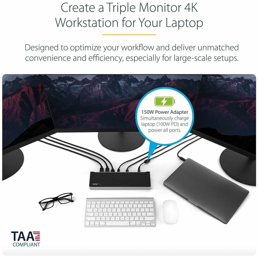 StarTech.com USB-C Dock - 4K Triple Monitor USB Type-C Docking Station with Dual DisplayPort & HDMI - 100W Power Delivery - 5x USB 3.0 Hub