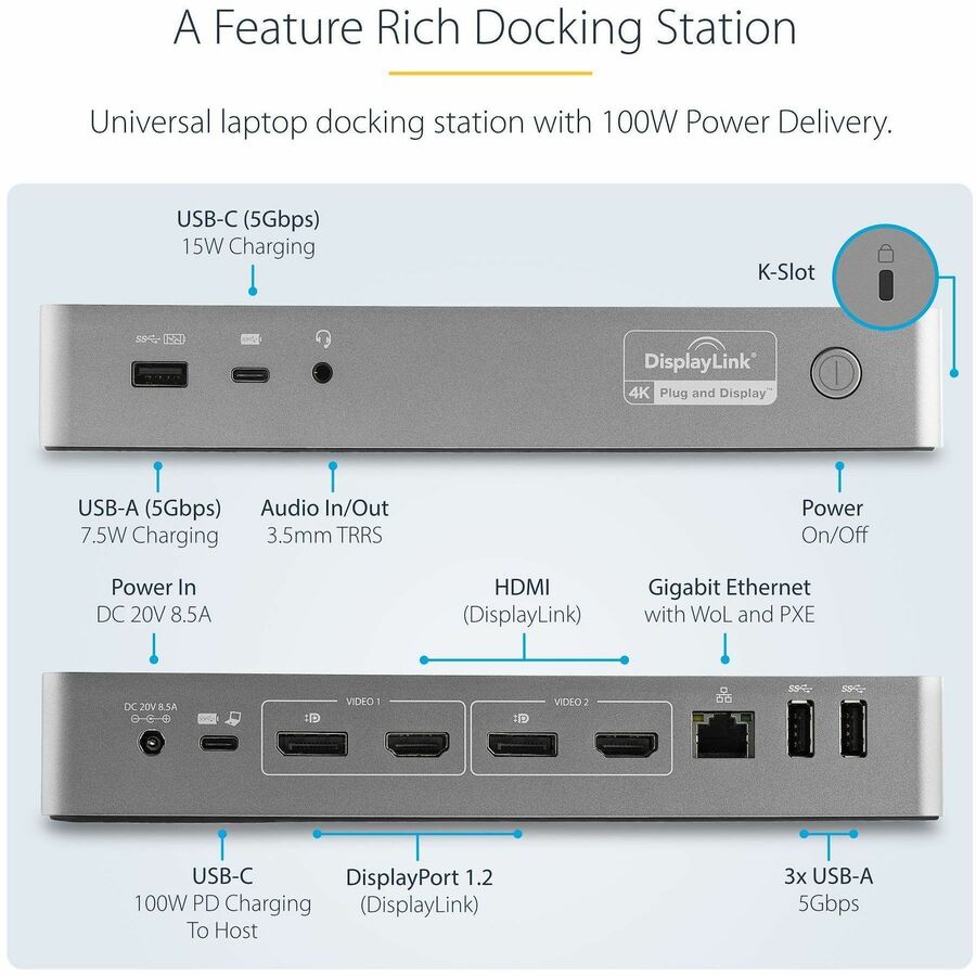 StarTech.com USB-C & USB-A Dock - Hybrid Universal Laptop Docking Station w/ 100W Power Delivery - Dual Monitor 4K 60Hz HDMI & DisplayPort