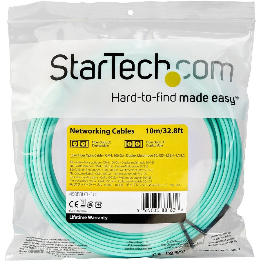 Câble fibre optique multimode StarTech.com 10 m (30 pi) LC/UPC vers LC/UPC OM4, 50/125 µm, 100 G, faible perte d'insertion, cordon de raccordement fibre LSZH