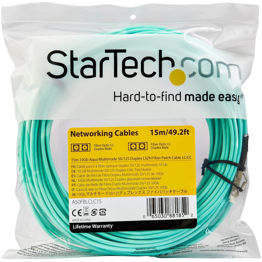 Câble fibre optique multimode StarTech.com 15 m (50 pi) LC/UPC vers LC/UPC OM3, duplex intégral 50/125 Zipcord, 100 G, cordon de raccordement fibre LSZH