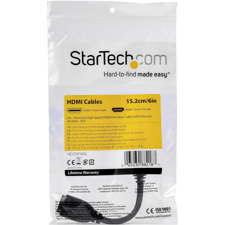 StarTech.com 6"/15cm HDMI Port Saver Cable, 4K 60Hz High Speed HDMI 2.0 Extension Cable with Ethernet, HDMI Male to Female Extension Cord
