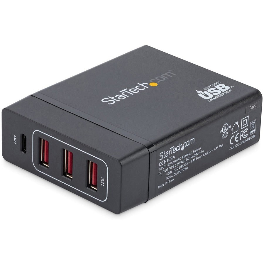 StarTech.com USB C Laptop Charger, 60W PD 3.0, 3x USB-A, Universal Compact USB Type-C Desktop Charger/Power Adapter, USB IF/ETL Certified