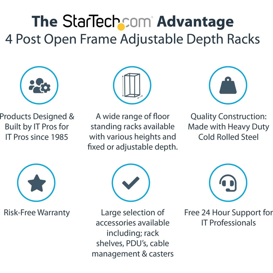 StarTech.com Rack serveur mobile à cadre ouvert 15U à 4 montants, rack réseau 48,3 cm (19 po) avec roulettes, rack roulant pour équipements informatiques, audiovisuels, de données et informatiques