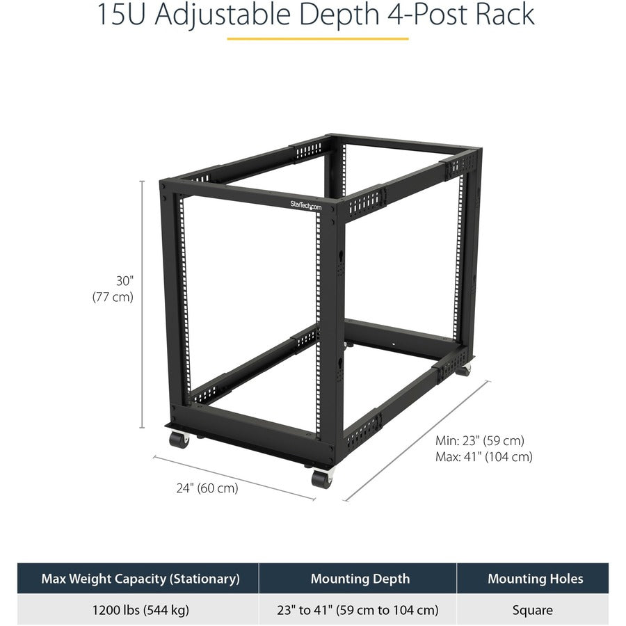 StarTech.com Rack serveur mobile à cadre ouvert 15U à 4 montants, rack réseau 48,3 cm (19 po) avec roulettes, rack roulant pour équipements informatiques, audiovisuels, de données et informatiques