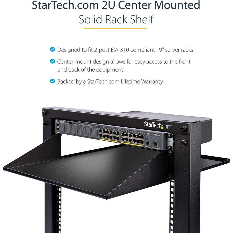 StarTech.com 2U 19" 2-Post Network Rack Shelf 20in Deep Center Mount Cantilever Tray Rackmount for AV/Data Equipment 75lb Capacity
