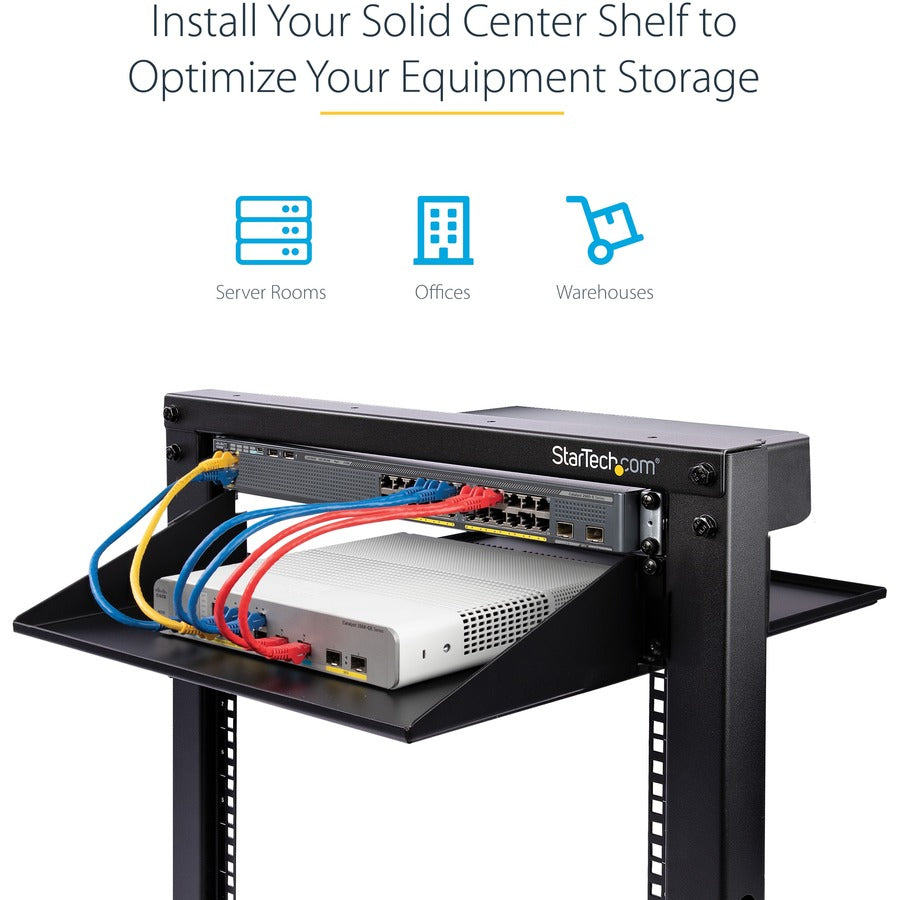 StarTech.com 2U 19" 2-Post Network Rack Shelf 20in Deep Center Mount Cantilever Tray Rackmount for AV/Data Equipment 75lb Capacity
