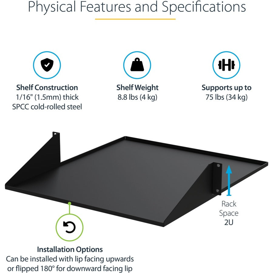StarTech.com 2U 19" 2-Post Network Rack Shelf 20in Deep Center Mount Cantilever Tray Rackmount for AV/Data Equipment 75lb Capacity
