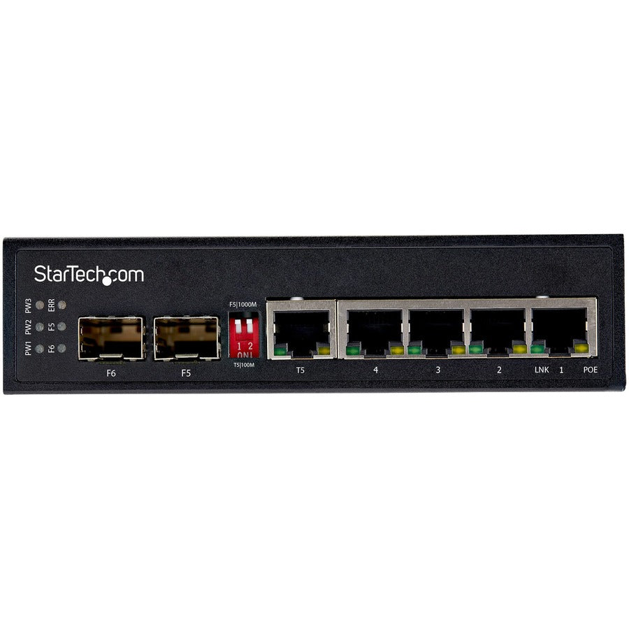 StarTech.com Industrial 6 Port Gigabit Ethernet Switch 4 PoE RJ45 +2 SFP Slots 30W PoE+ 48VDC 10/100/1000 Mbps -40C to 75C w/DIN Connector