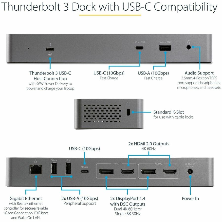 StarTech.com Thunderbolt 3 Dock w/USB-C Host Compatibility - Dual 4K 60Hz DP 1.4 or HDMI TB3/USB-C Docking Station - 1x 8K - 96W PD/5xUSB