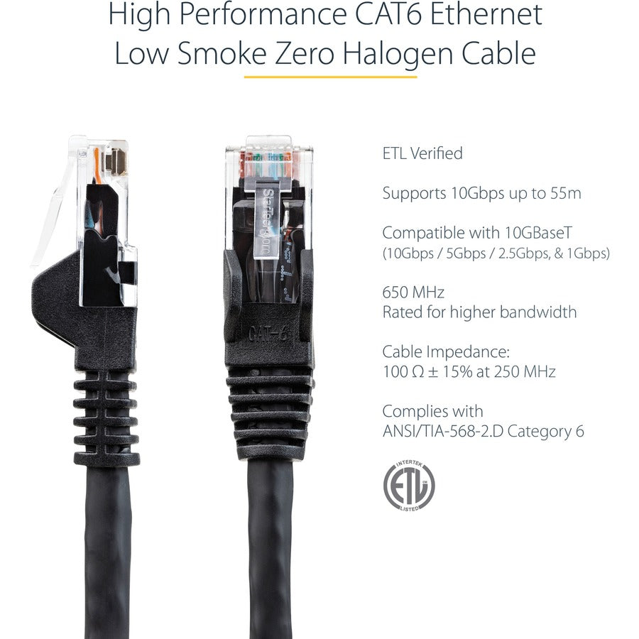 StarTech.com 6in (15cm) CAT6 Ethernet Cable, LSZH (Low Smoke Zero Halogen) 10 GbE Snagless 100W PoE UTP RJ45 Black Network Patch Cord, ETL