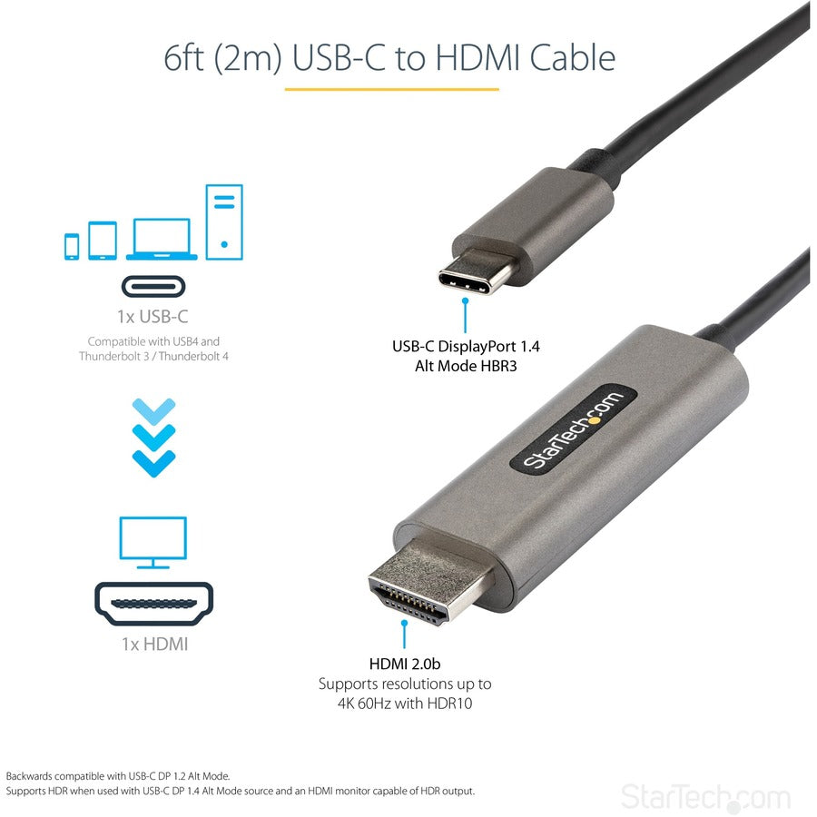 StarTech.com 6ft (2m) USB C to HDMI Cable 4K 60Hz with HDR10