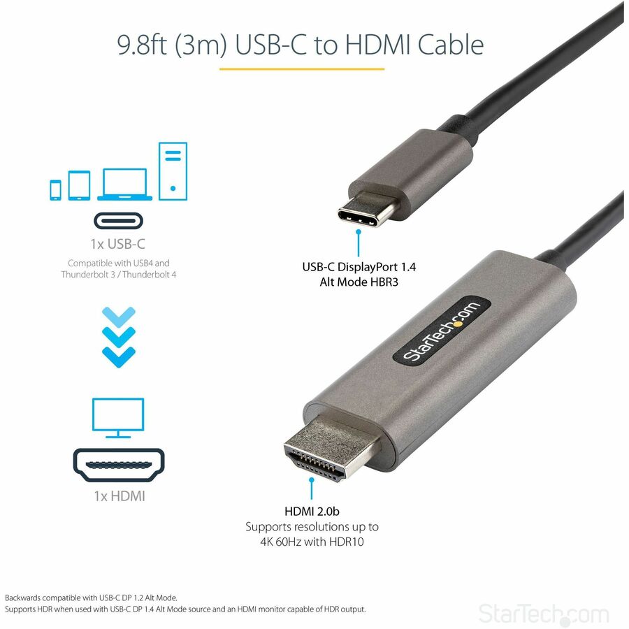 StarTech.com 10ft (3m) USB C to HDMI Cable 4K 60Hz with HDR10, Ultra HD USB Type-C to HDMI 2.0b Video Adapter Cable, DP 1.4 Alt Mode HBR3