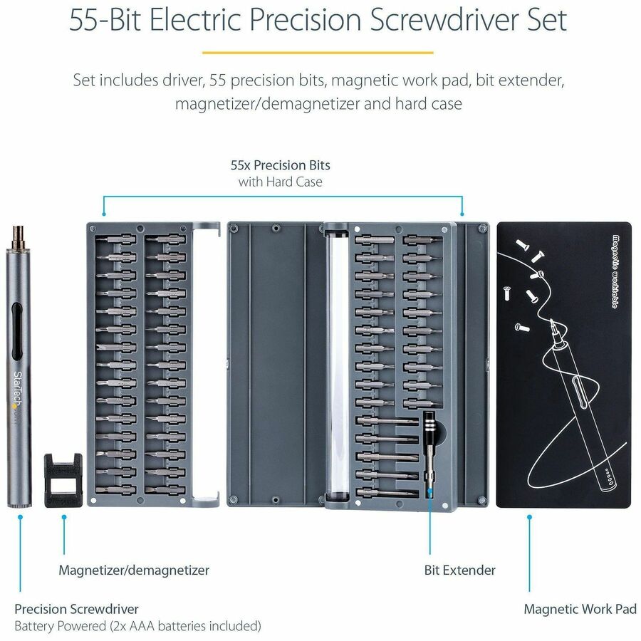 StarTech.com 55-Bit Electric Precision Screwdriver Set, Cordless/Battery Powered, Magnetic Bit Driver Kit for Laptop/Computer/Phone Repair