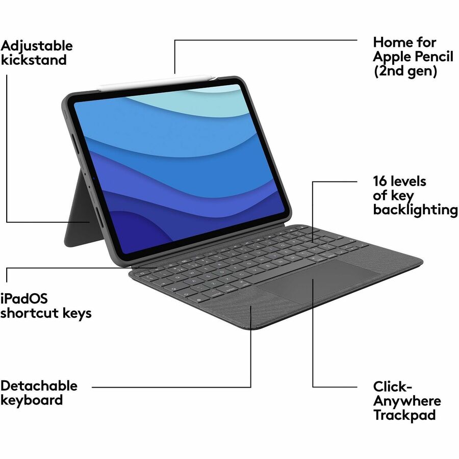 Logitech Combo Touch Keyboard/Cover Case for 11" (279.40 mm) Apple, Logitech iPad Pro, iPad Pro (2nd Generation), iPad Pro (3rd Generation) Tablet - Oxford Gray