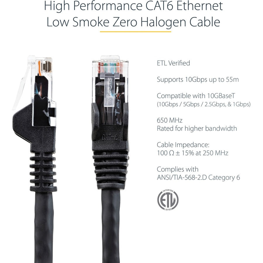 StarTech.com 50ft (15m) CAT6 Ethernet Cable, LSZH (Low Smoke Zero Halogen) 10 GbE Snagless 100W PoE UTP RJ45 Black Network Patch Cord, ETL