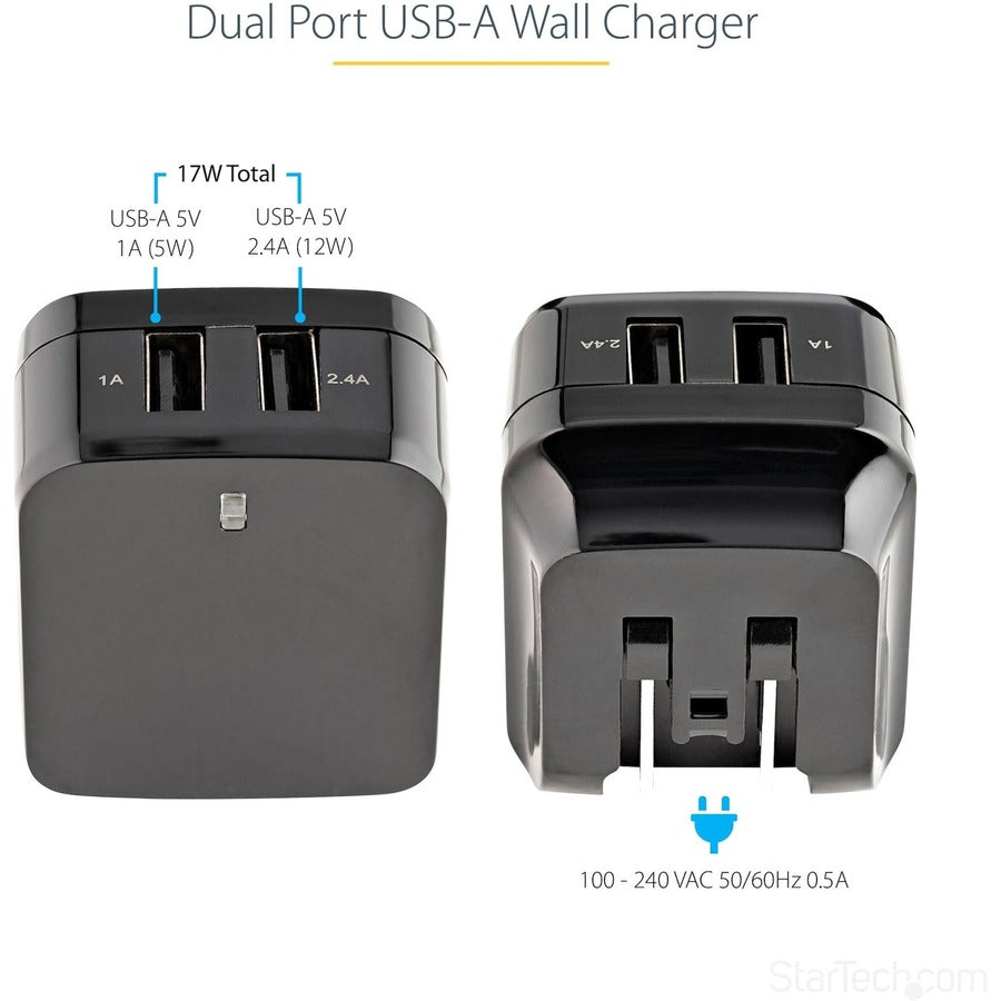 Chargeur mural USB 2 ports StarTech.com, hub de charge mural 17 W (ports 2,4 A et 1 A), adaptateur secteur double USB-A, chargeur portable pour téléphones/tablettes