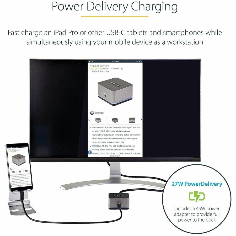 StarTech.com USB C Mini Dock for iPad Pro, Tablets & Smartphones, USB-C Docking Station, 4K HDMI, 27W Power Delivery, 3-Port USB Hub, GbE